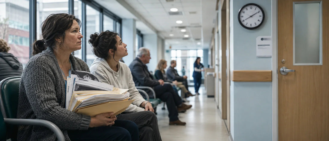 Canadian patient reviewing medical records while exploring global medical pathway options outside Canada for specialist wait times, diagnostic clarity and second medical opinions.