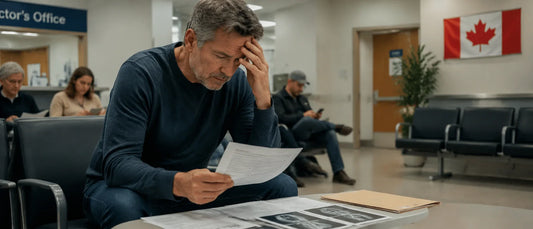 Canadian patient reviewing international medical case review process with doctor consultation and medical documents at home