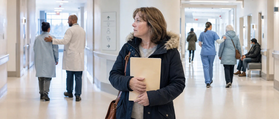 Canadian patient facing continuity of care confusion at hospital corridor junction while exploring medical pathways