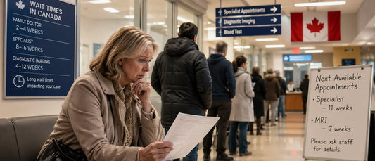 Canadian patient discussing continuity of care and global healthcare options with a doctor in a modern clinic
