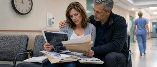 Canadian patient and family reviewing diagnosis reports and imaging with a specialist during a second medical opinion consultation