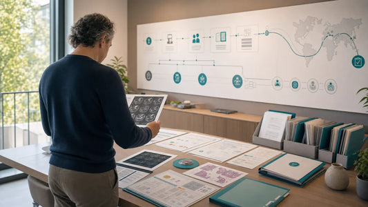 German patient advocate organizing oncology scans, pathology panels, molecular testing cards and treatment timeline for structured cancer second opinion review.