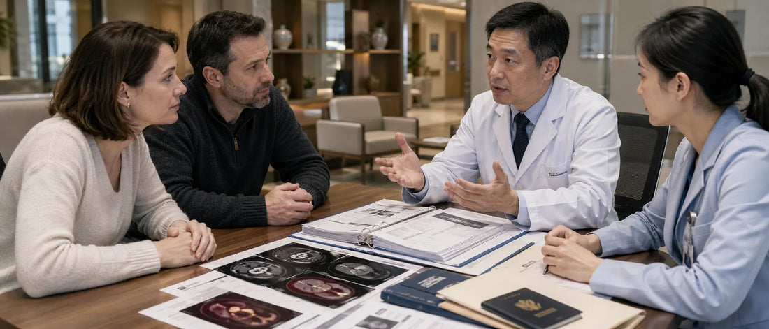 Canadian cancer patient reviewing oncology records for global cancer treatment options and cross-border cancer case review