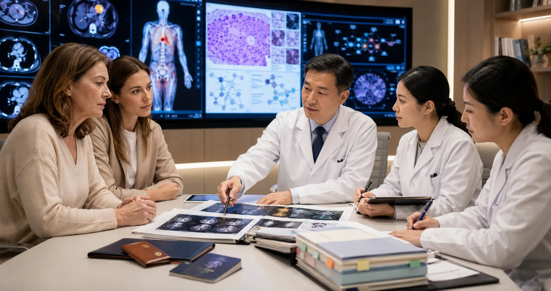 French cancer patient and family member in a premium oncology case review suite while a Chinese multidisciplinary medical team reviews imaging and pathology materials in the background, illustrating international cancer treatment pathway exploration.