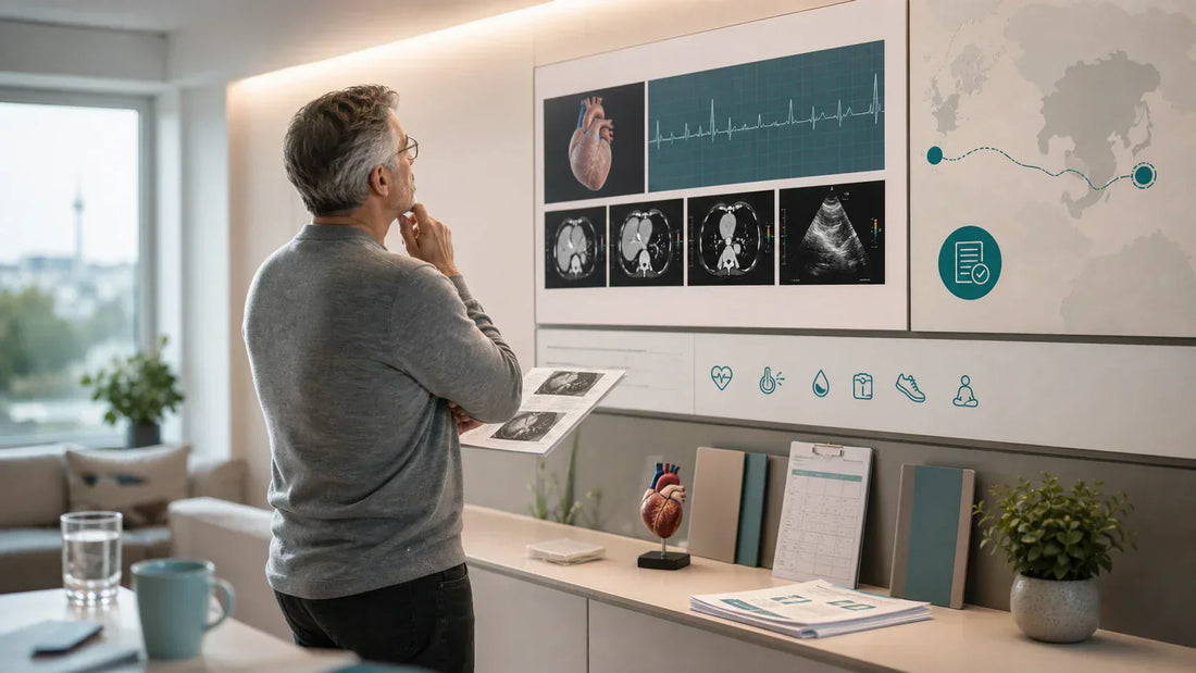 German cardiology patient reviewing heart case records and treatment delay options
