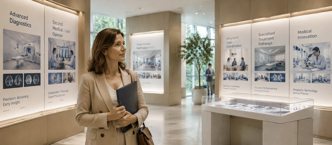 French patient exploring a premium advanced medical innovation gallery with diagnostic, coordination, and specialty care cues, illustrating the key healthcare advantages of China.