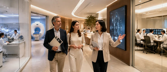 Italian patient and family member touring a modern Chinese hospital corridor with diagnostic and specialist service cues while learning about healthcare options