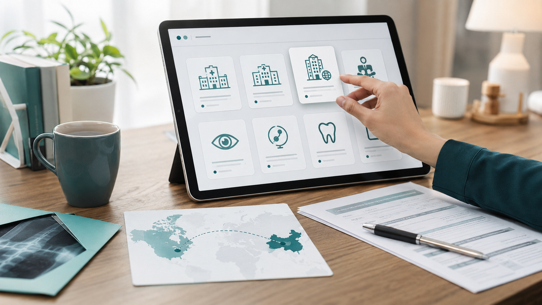 Abstract hospital matching workspace showing China hospital options for Canadian international patients