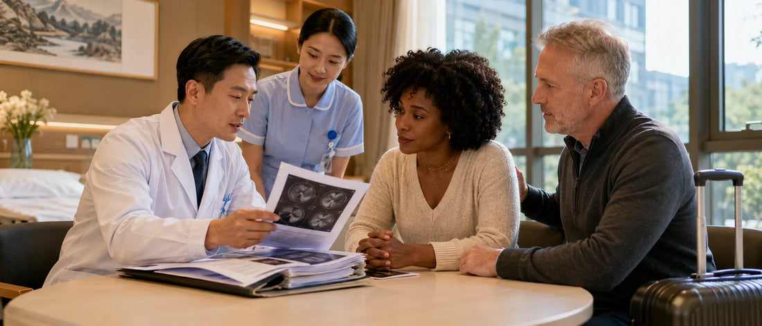 Canadian patient receiving structured second medical opinion from Chinese doctor in modern international hospital showing clarity and diagnostic evaluation