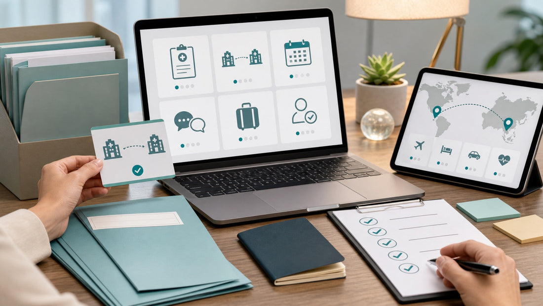Cross-border medical concierge workspace with Canadian patient records, hospital matching dashboard and China care planning materials