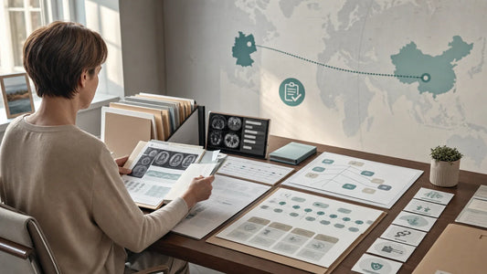 German patient advocate organizing multi-specialty records, imaging, lab cards and recovery goals for complex international medical case review.