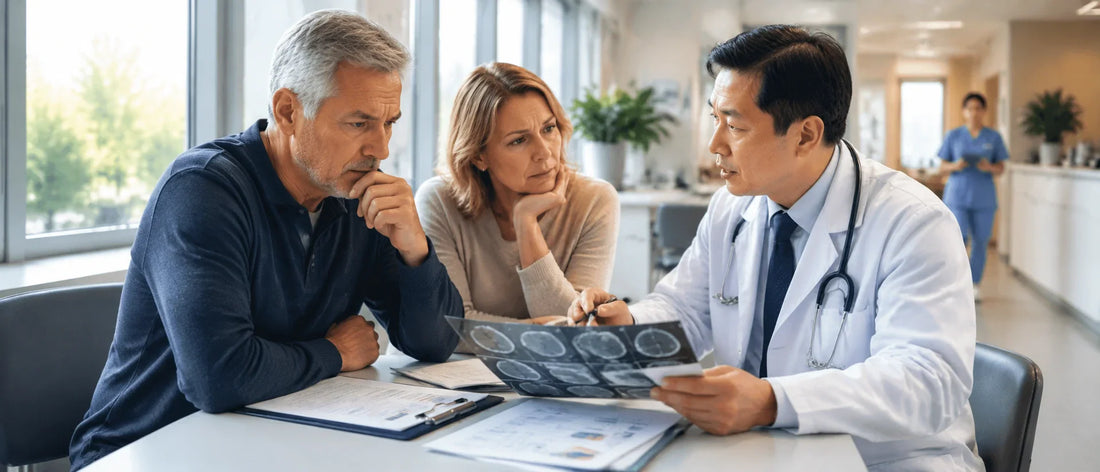 Canadian doctor reviewing updated medical reports with patient showing evolving medical decisions and ongoing healthcare evaluation process
