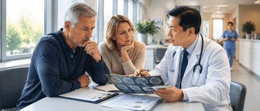 Canadian doctor reviewing updated medical reports with patient showing evolving medical decisions and ongoing healthcare evaluation process