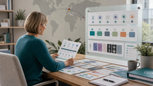 German patient advocate reviewing advanced treatment eligibility cards, risk assessment icons and anonymized medical records for China medical options.