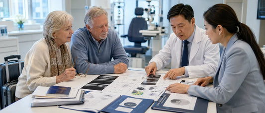 UK patient reviewing eye care records for cataract glaucoma and retina pathways in China
