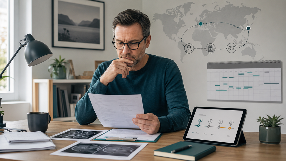 German patient reviewing medical documents and delayed appointment schedule while considering international second medical opinion options due to long specialist waiting times.