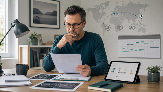 German patient reviewing medical documents and delayed appointment schedule while considering international second medical opinion options due to long specialist waiting times.
