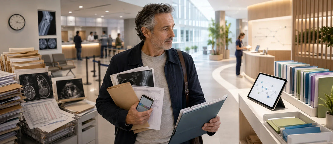 French patient carrying medical documents and imaging in a healthcare navigation space, moving from fragmented medical information toward a more organized and structured guidance pathway.