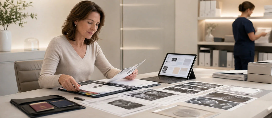French patient organizing medical reports, imaging, and case documents into a structured file in a premium healthcare review workspace, illustrating the medical case evaluation process for international care.