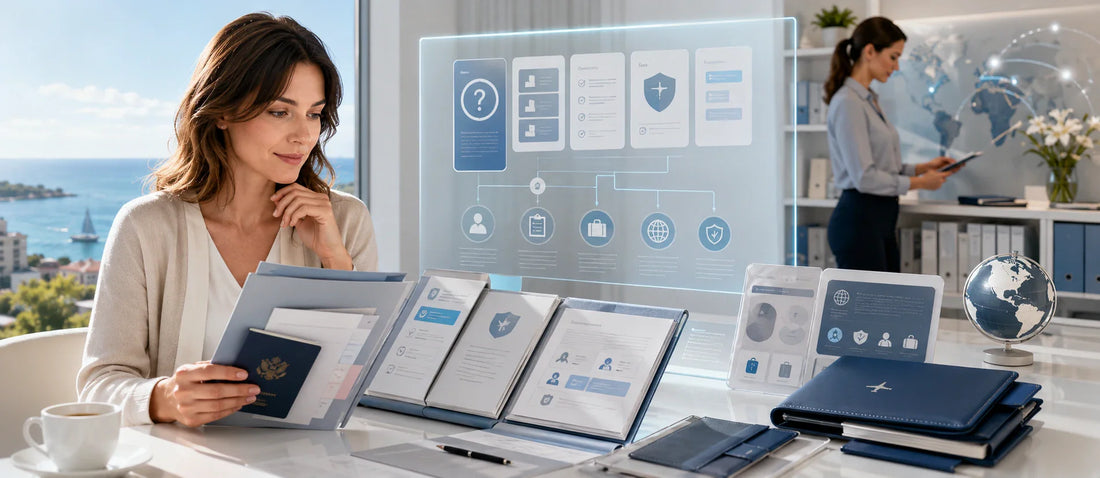 French patient reviewing structured medical FAQ information on a tablet in a calm healthcare knowledge hub environment, representing clarity and answers for international medical travel questions.