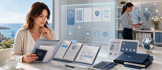 French patient reviewing structured medical FAQ information on a tablet in a calm healthcare knowledge hub environment, representing clarity and answers for international medical travel questions.