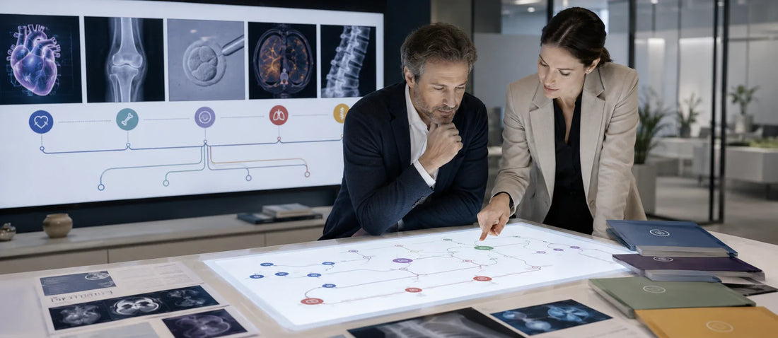 French patient reviewing multiple medical pathway options on a visual planning interface in an international care navigation setting, illustrating how to choose the right treatment pathway abroad.