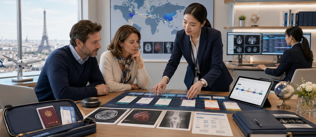 French patient in a premium international healthcare orientation space reviewing a structured medical travel portfolio, illustrating a guided medical journey from France to China.
