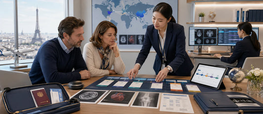 French patient in a premium international healthcare orientation space reviewing a structured medical travel portfolio, illustrating a guided medical journey from France to China.