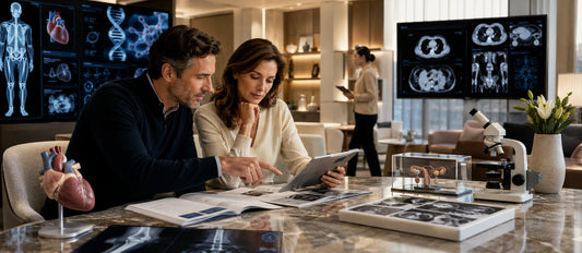 rench patients in a premium medical travel planning space reviewing different international treatment options, with subtle visual cues for cardiology, orthopedics, fertility, oncology, and health screening.