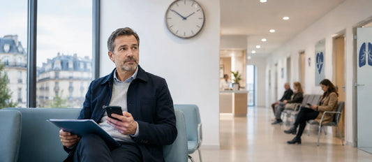 Patient français assis dans une salle d’attente médicale moderne, avec dossier médical et téléphone, illustrant les délais de prise en charge et l’attente d’un avis spécialisé.
