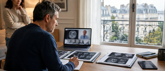 French patient at home reviewing medical reports and imaging on digital devices, illustrating the process of seeking a second medical opinion.