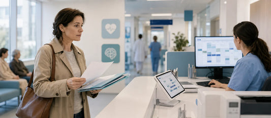 French patient holding referral documents at a hospital scheduling desk, illustrating difficulty accessing medical specialists and appointment delays in the healthcare system.