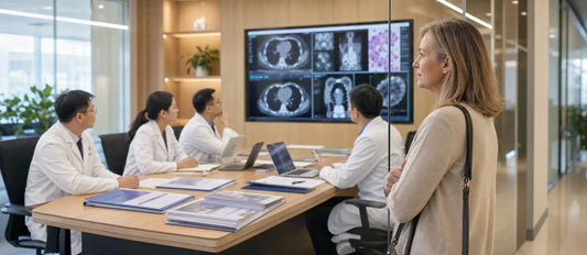 French patient observing oncology multidisciplinary case review with Chinese specialists in a modern hospital setting