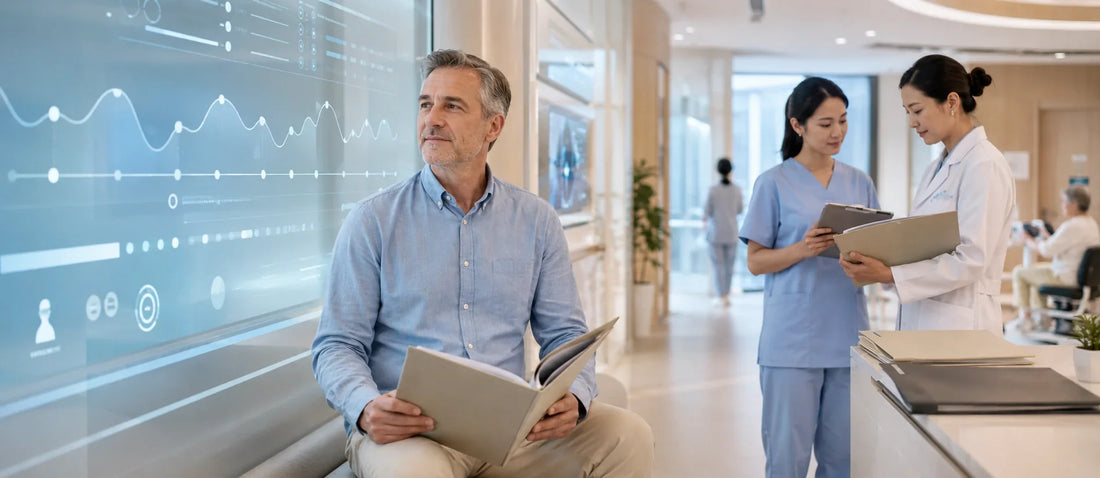 French chronic disease patient in a premium long-term follow-up care suite in China, reviewing structured health records with subtle cardiometabolic and rehabilitation monitoring cues.