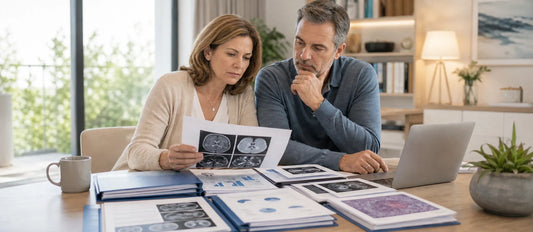 French patient reviewing complex diagnosis records and imaging with a family companion while preparing for an international second medical opinion