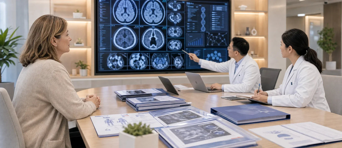 French patient observing multidisciplinary medical case review process with doctors analyzing imaging and documents