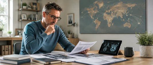 French patient reviewing international medical treatment options and second opinion reports before deciding on healthcare abroad