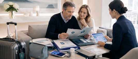 French patient preparing medical travel insurance documents, healthcare records, and risk protection materials before traveling to China for treatment.