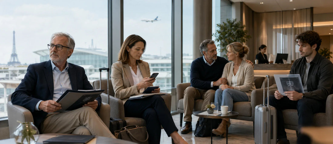 Different French patient profiles in a premium international departure lounge, each preparing medical documents for treatment abroad, illustrating who is most likely to explore cross-border healthcare.