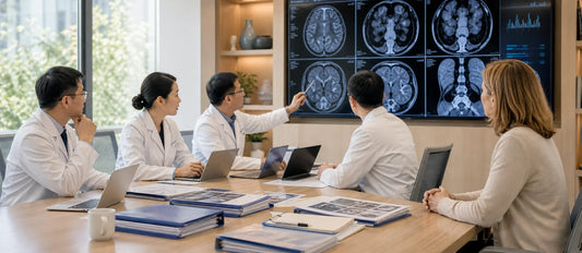 French patient observing multidisciplinary second medical opinion review with specialists analyzing a medical case