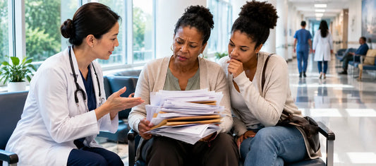 Canadian patient and family discussing healthcare cognitive lag with doctor in hospital consultation room using structured medical information display