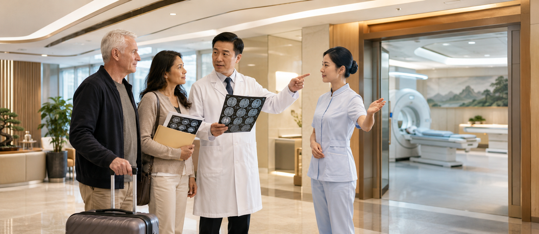 Canadian family reviewing medical reports in a structured healthcare strategy environment with global medical pathway visualization and system-based decision planning