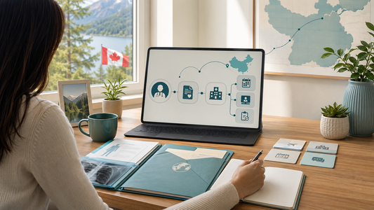 Canadian patient preparing medical records and appointment materials to see a doctor in China through a structured care pathway