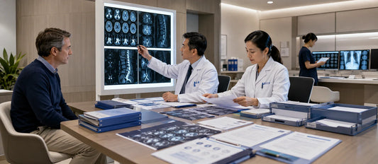 French patient case file being reviewed by Chinese medical specialists in a premium international dossier evaluation suite, illustrating the structured medical case review process for healthcare options in China.