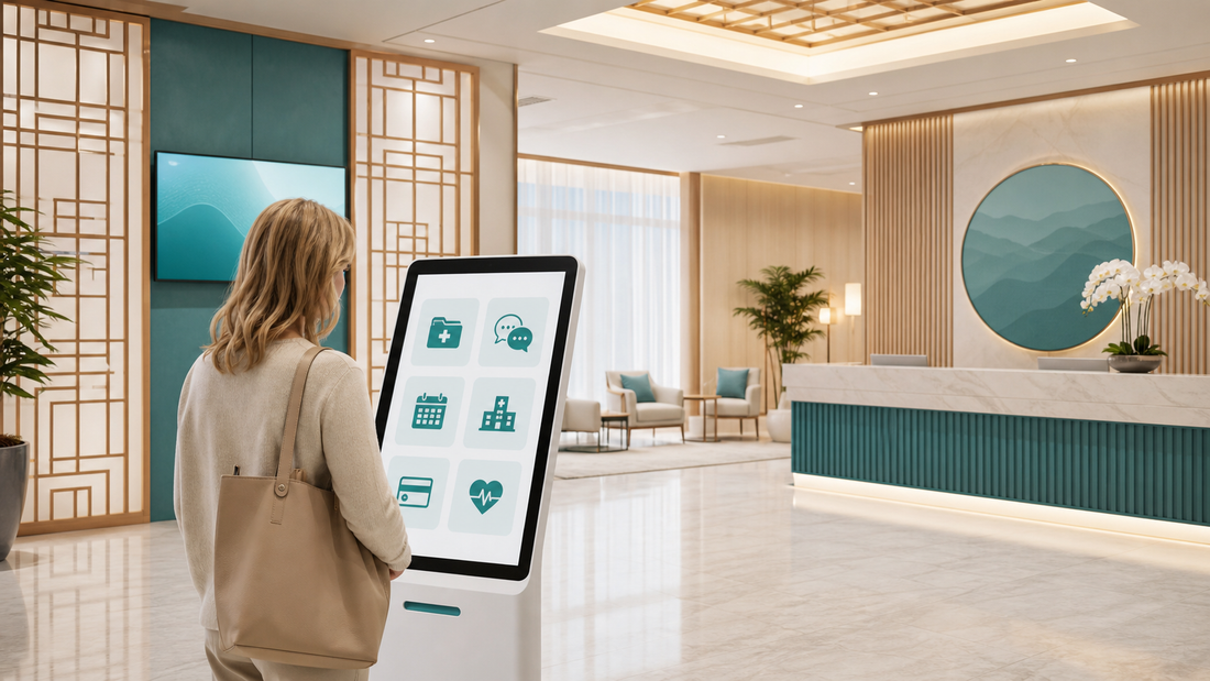 International patient viewing a digital hospital service navigation screen inside a modern China international medical department