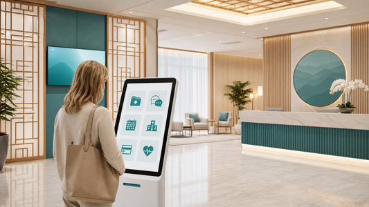 International patient viewing a digital hospital service navigation screen inside a modern China international medical department