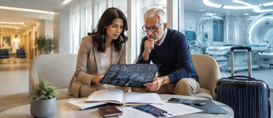 Italian patient and family member reviewing medical documents and travel materials while considering medical treatment abroad