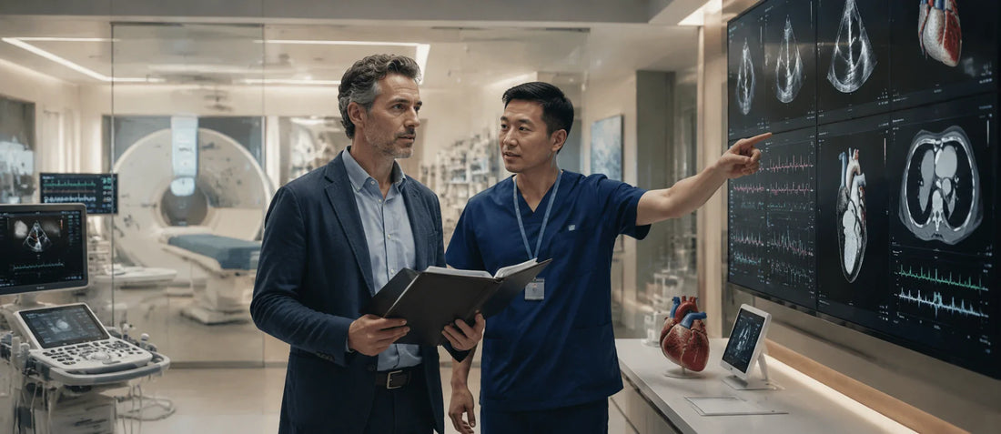 Italian heart patient in a modern Chinese cardiovascular center reviewing advanced cardiac evaluation results with specialist assessment cues
