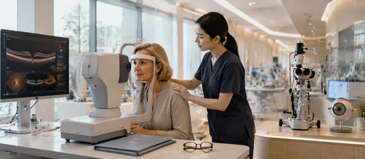 Italian patient undergoing advanced ophthalmology assessment in a modern Chinese eye center with retinal imaging and cataract evaluation cues