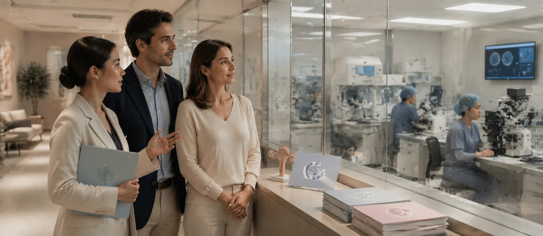 Italian couple exploring IVF and fertility treatment options in a modern Chinese reproductive medicine center with embryology lab cues